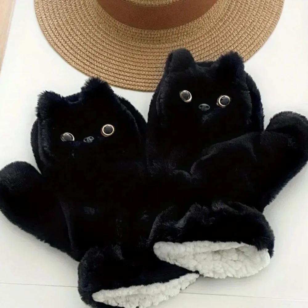 NWT! Gorgeous Ebony Black Silky and Furry Black Cat Mittens for Adults!